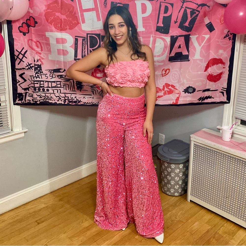 Pink sequin top and pants set